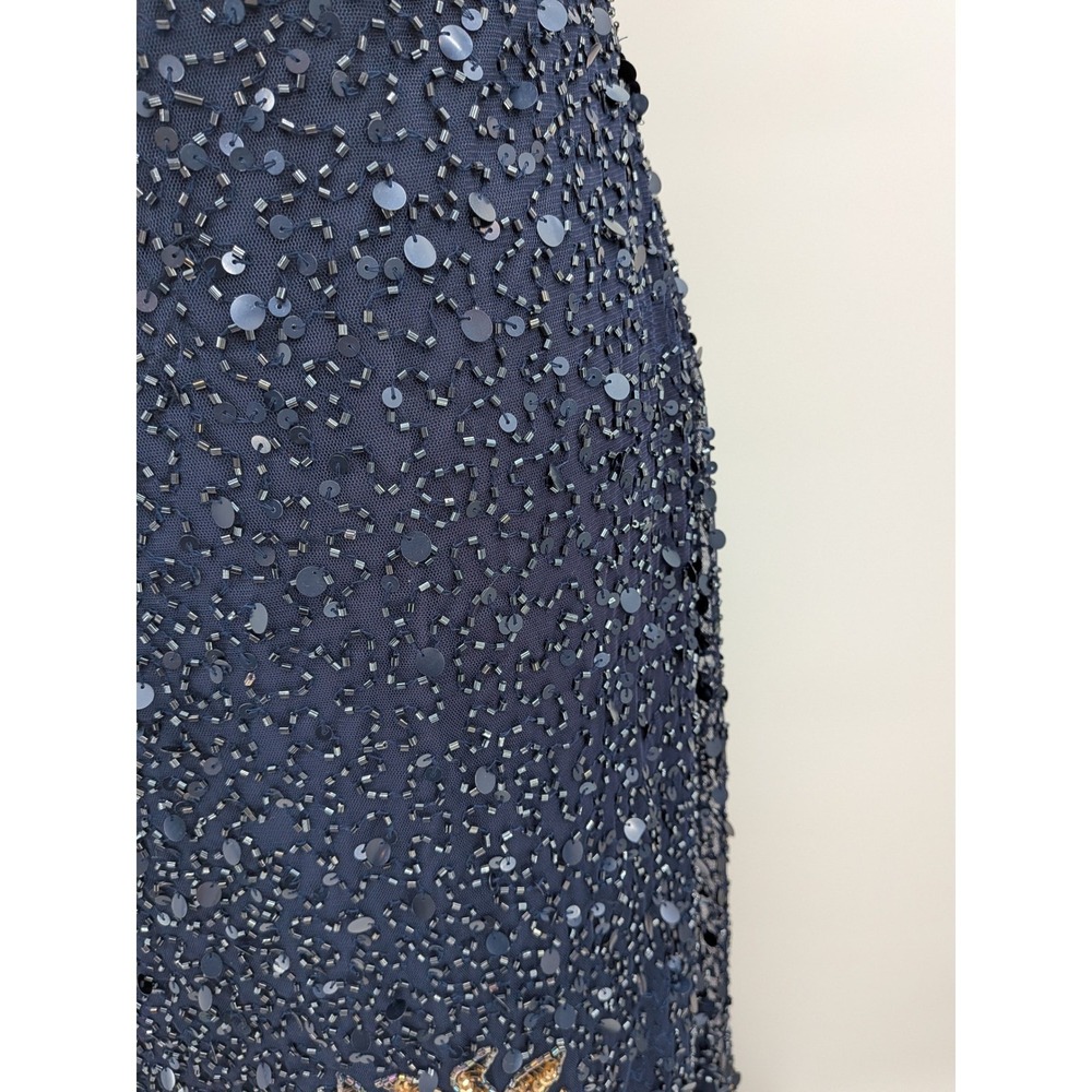 Prom Wedding Blue Gold All Over Sequins Beads Lace Up Back Floral Slit 12 Dress - Picture 9 of 14